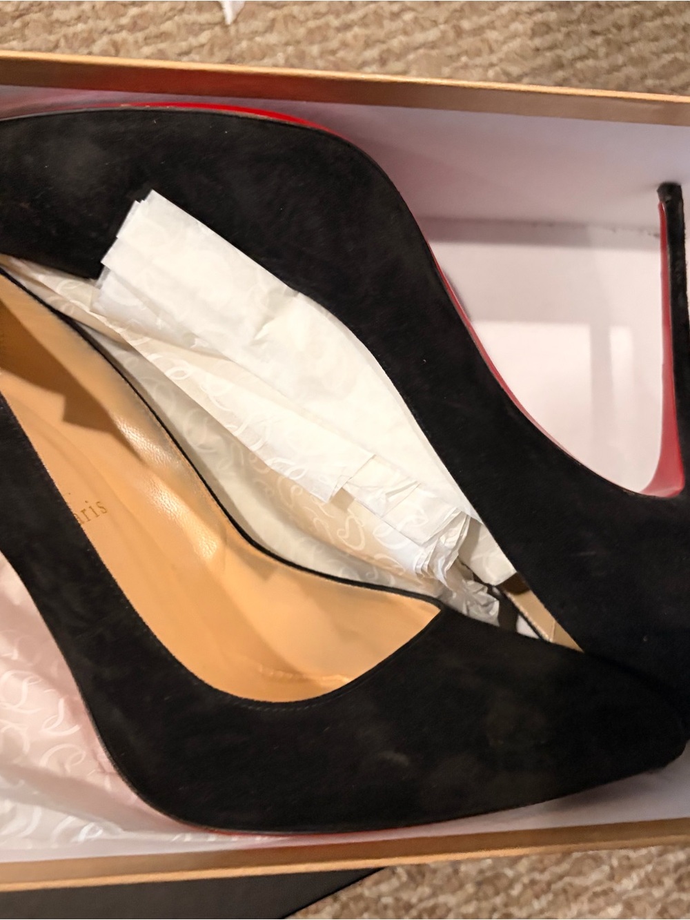 Christian Louboutin Black Suede Pointed Toe Stilettos with Red Soles